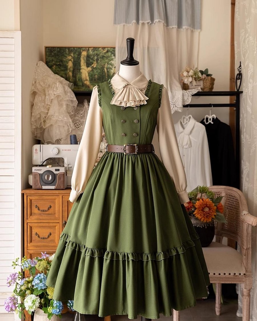 Classic Lolita French Victorian JSK Flounce Dress Green Blue Black Elegant Long Sleeve
