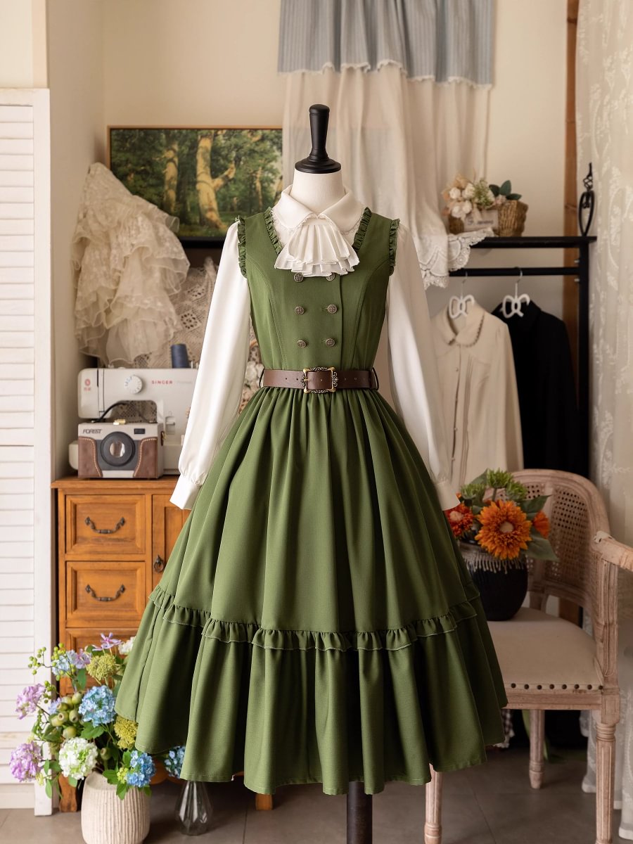 Classic Lolita French Victorian JSK Flounce Dress Green Blue Black Elegant Long Sleeve