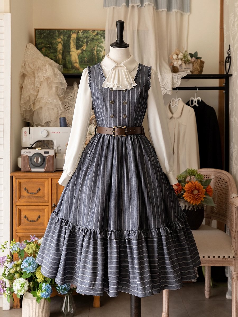 Classic Lolita French Victorian JSK Flounce Dress Green Blue Black Elegant Long Sleeve