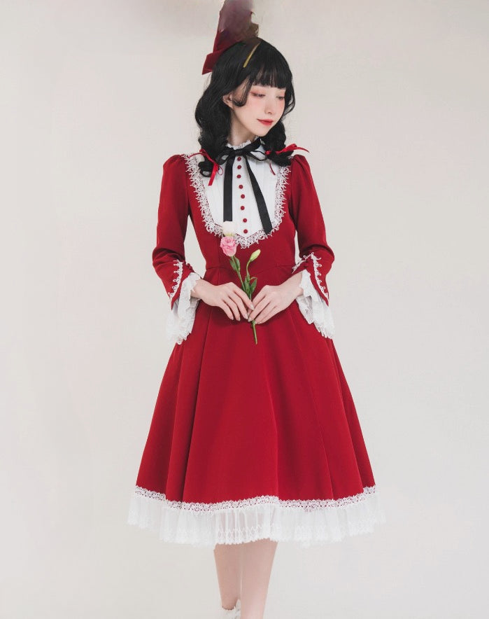 Classic Lolita OP Dress Vintage Available in Retro Green Deep Red Blue and Black