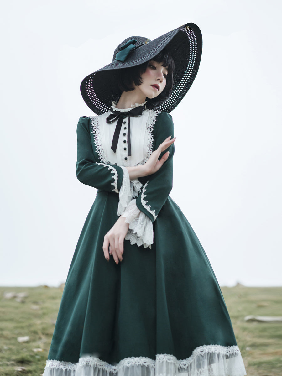 Classic Lolita OP Dress Vintage Available in Retro Green Deep Red Blue and Black