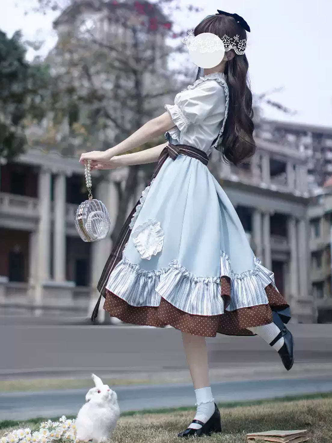 Classic Lolita Patchwork Blue Brown and White Alice Academy Wind Vest Skirt