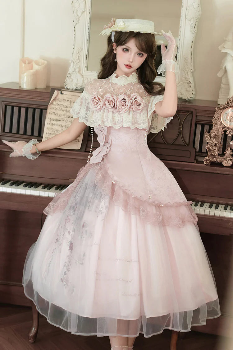 This exquisite Lolita set blends timeless elegance with a touch of modern whimsy. Delicate pink rose embroidery adds a romantic, artisan quality, while the bold asymmetric ruffle hem creates a dynamic and graceful silhouette. Finished with luxurious lace and a classic bowknot, every detail is curated for the sophisticated Lolita who appreciates both sweet charm and refined elegance. This set is designed to make you feel like a living masterpiece, perfectly poised for a garden tea party or any special occasi