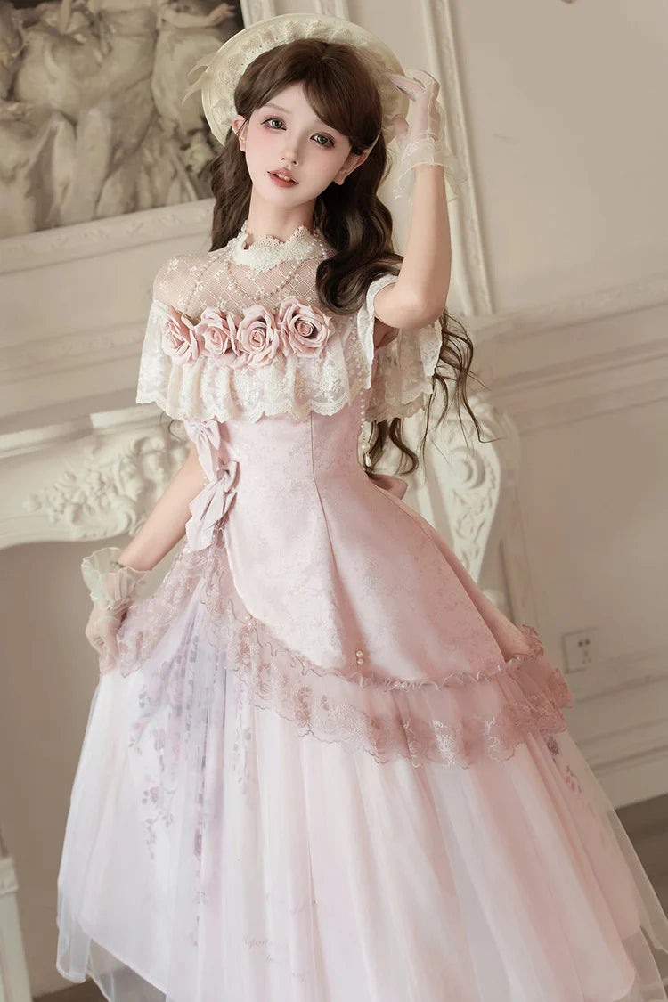 This exquisite Lolita set blends timeless elegance with a touch of modern whimsy. Delicate pink rose embroidery adds a romantic, artisan quality, while the bold asymmetric ruffle hem creates a dynamic and graceful silhouette. Finished with luxurious lace and a classic bowknot, every detail is curated for the sophisticated Lolita who appreciates both sweet charm and refined elegance. This set is designed to make you feel like a living masterpiece, perfectly poised for a garden tea party or any special occasi