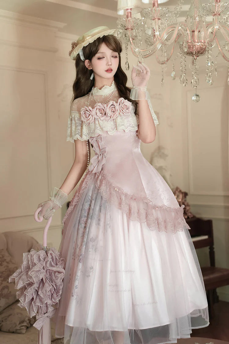 This exquisite Lolita set blends timeless elegance with a touch of modern whimsy. Delicate pink rose embroidery adds a romantic, artisan quality, while the bold asymmetric ruffle hem creates a dynamic and graceful silhouette. Finished with luxurious lace and a classic bowknot, every detail is curated for the sophisticated Lolita who appreciates both sweet charm and refined elegance. This set is designed to make you feel like a living masterpiece, perfectly poised for a garden tea party or any special occasi