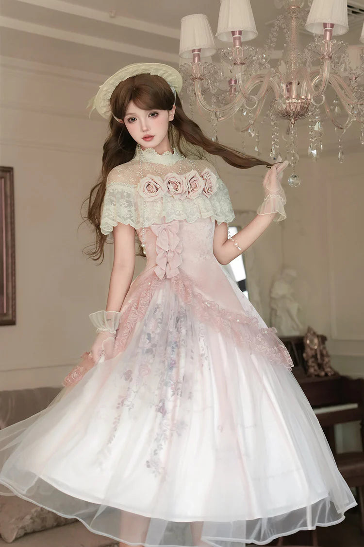 This exquisite Lolita set blends timeless elegance with a touch of modern whimsy. Delicate pink rose embroidery adds a romantic, artisan quality, while the bold asymmetric ruffle hem creates a dynamic and graceful silhouette. Finished with luxurious lace and a classic bowknot, every detail is curated for the sophisticated Lolita who appreciates both sweet charm and refined elegance. This set is designed to make you feel like a living masterpiece, perfectly poised for a garden tea party or any special occasi