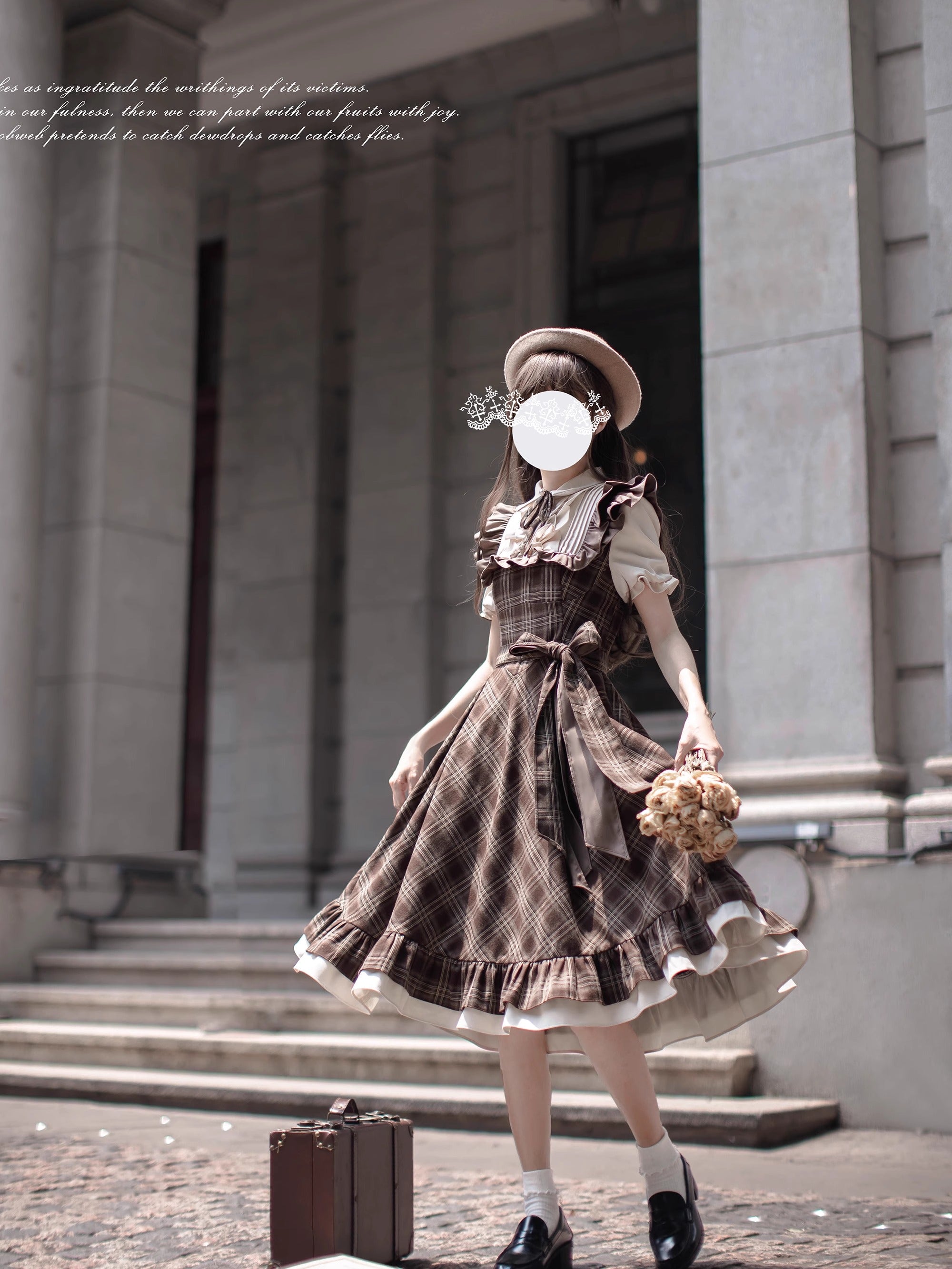 Classic Lolita Plaid Belted Dress Retro Brown Waist Summer Literary Dress Light Lolita