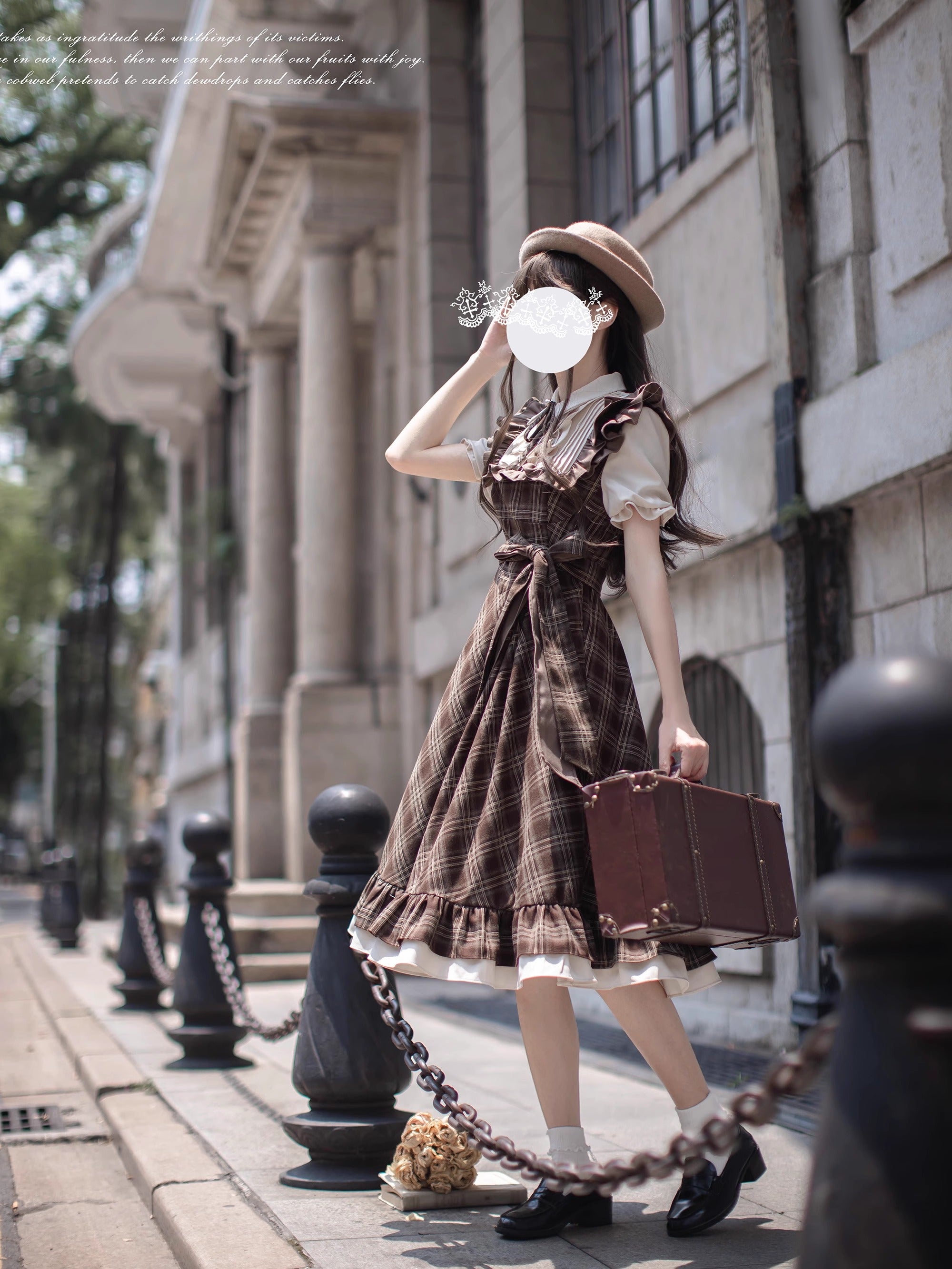 Classic Lolita Plaid Belted Dress Retro Brown Waist Summer Literary Dress Light Lolita