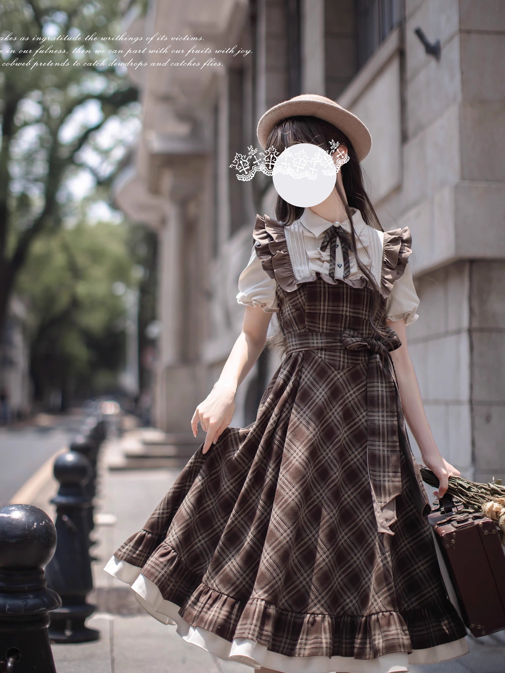 Classic Lolita Plaid Belted Dress Retro Brown Waist Summer Literary Dress Light Lolita