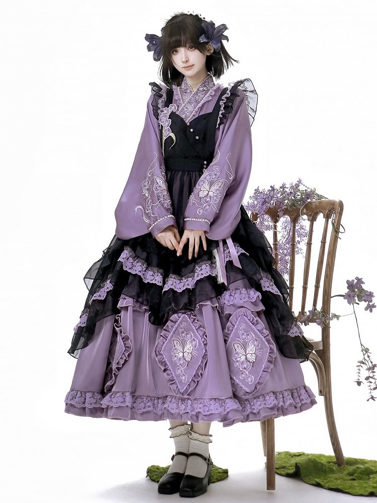 The Classic Purple Han Lolita Dress Set is designed to blend traditional elegance with Lolita sweetness. Featuring delicate butterfly and floral embroidery, it showcases refined craftsmanship and a graceful silhouette. The rich purple tone conveys nobility and charm, while the contrasting black apron adds depth and vintage flair. Perfect for cultural events, tea parties, or special gatherings, this full set reflects the harmonious fusion of Han-inspired beauty and Lolita fashion.