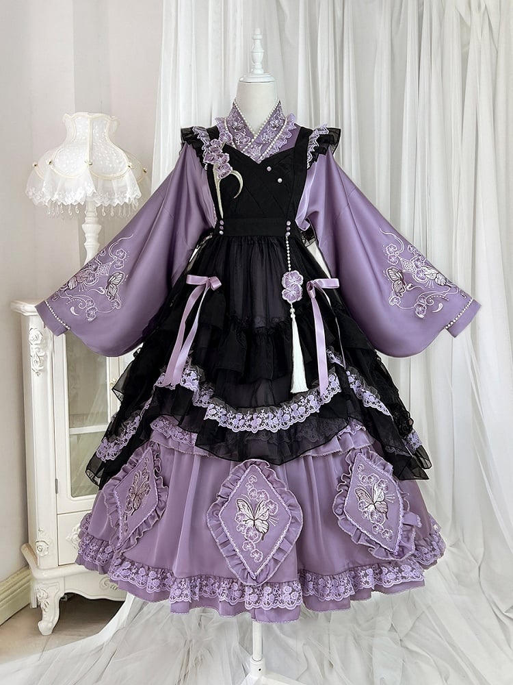 The Classic Purple Han Lolita Dress Set is designed to blend traditional elegance with Lolita sweetness. Featuring delicate butterfly and floral embroidery, it showcases refined craftsmanship and a graceful silhouette. The rich purple tone conveys nobility and charm, while the contrasting black apron adds depth and vintage flair. Perfect for cultural events, tea parties, or special gatherings, this full set reflects the harmonious fusion of Han-inspired beauty and Lolita fashion.