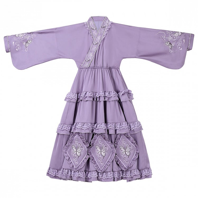 The Classic Purple Han Lolita Dress Set is designed to blend traditional elegance with Lolita sweetness. Featuring delicate butterfly and floral embroidery, it showcases refined craftsmanship and a graceful silhouette. The rich purple tone conveys nobility and charm, while the contrasting black apron adds depth and vintage flair. Perfect for cultural events, tea parties, or special gatherings, this full set reflects the harmonious fusion of Han-inspired beauty and Lolita fashion.