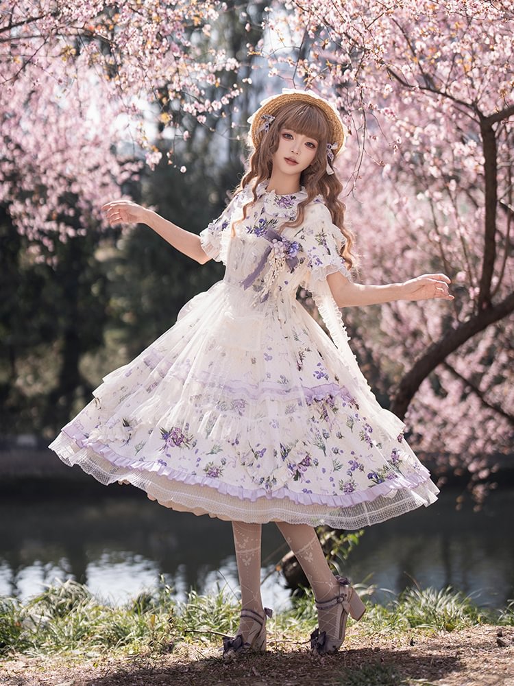 Classic Lolita Purple Floral Short-sleeved Dress Pastoral Platycodon Print Elegant Lolita Dress