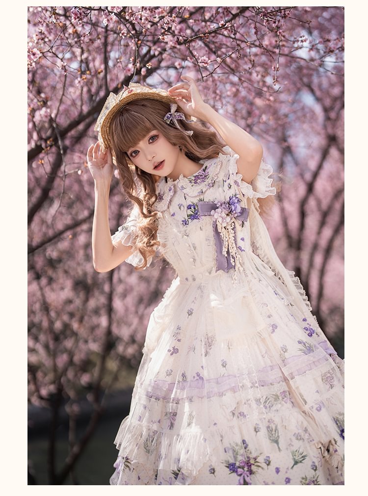 Classic Lolita Purple Floral Short-sleeved Dress Pastoral Platycodon Print Elegant Lolita Dress
