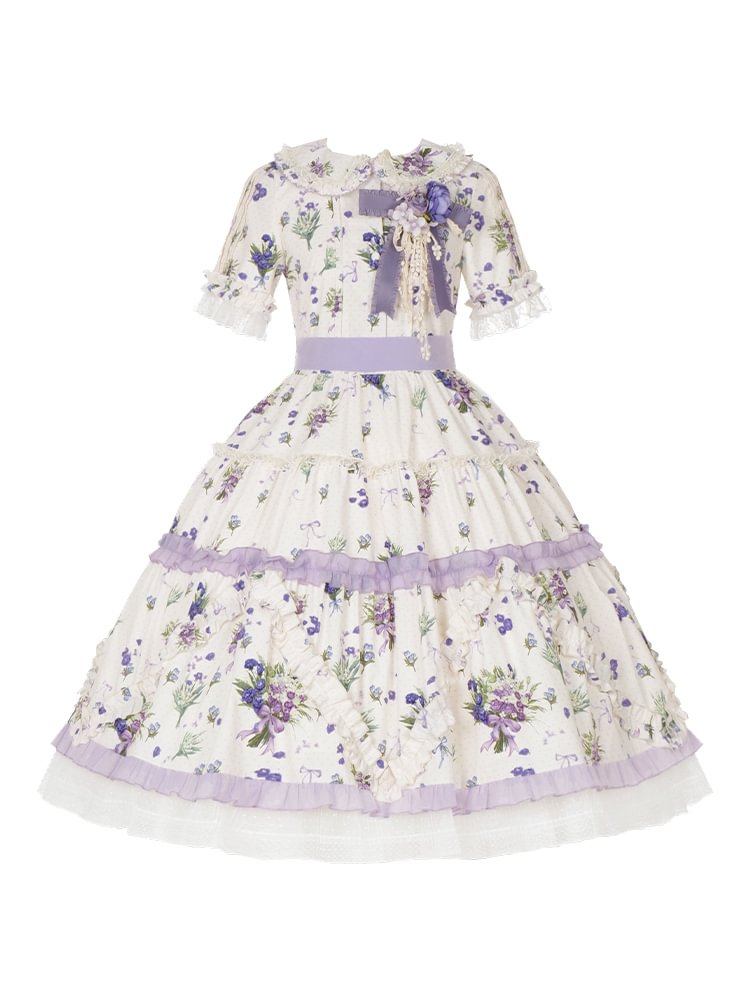 Classic Lolita Purple Floral Short-sleeved Dress Pastoral Platycodon Print Elegant Lolita Dress