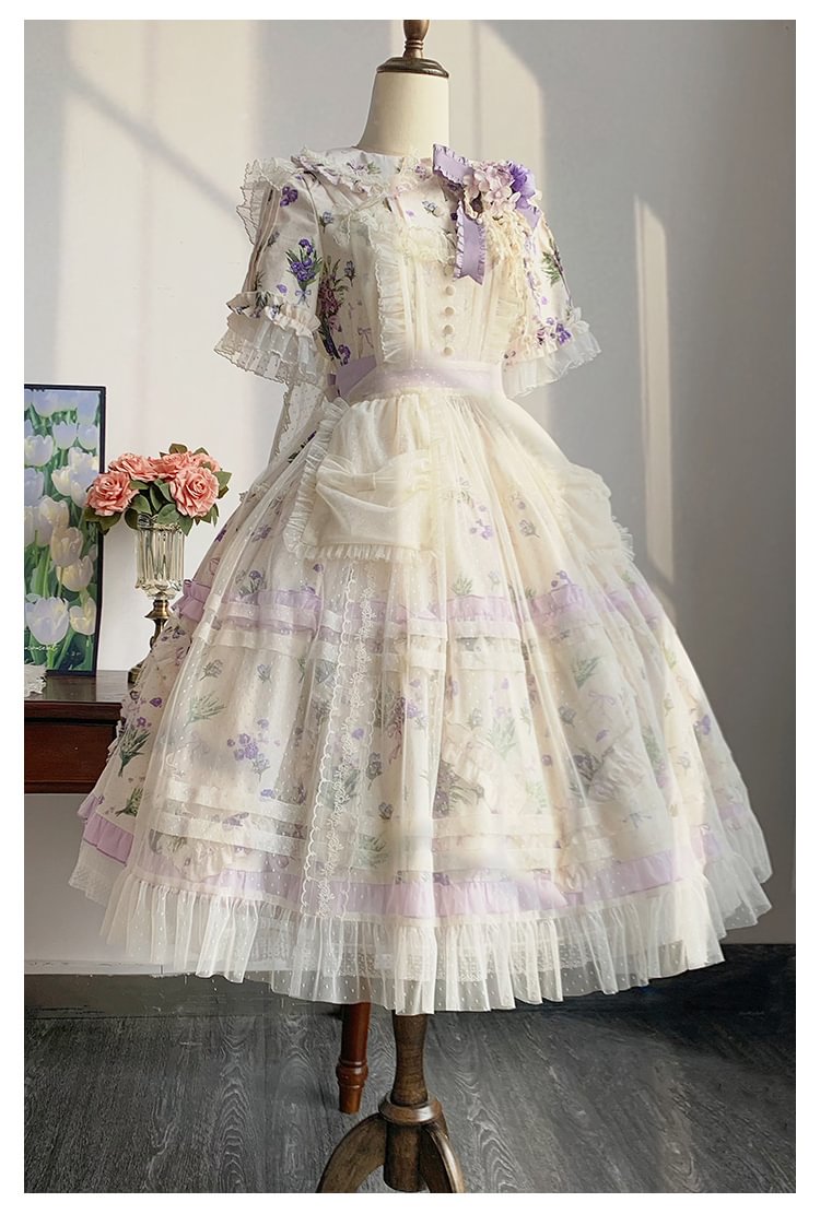 Classic Lolita Purple Floral Short-sleeved Dress Pastoral Platycodon Print Elegant Lolita Dress