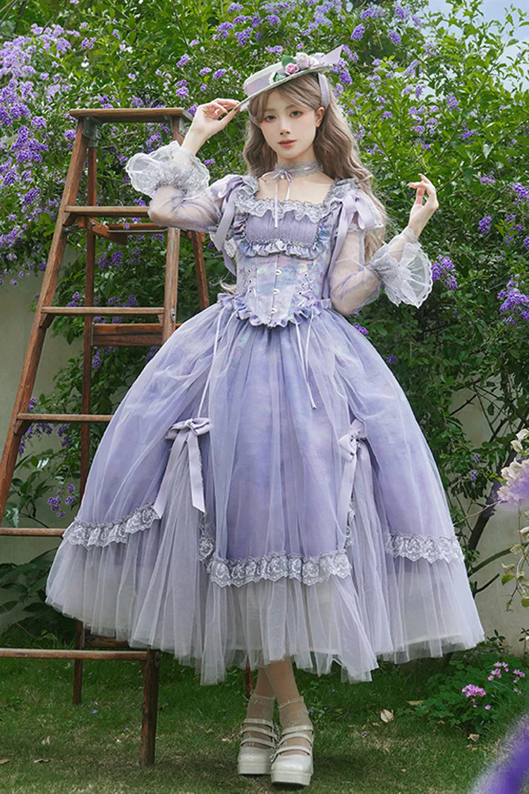 This Purple Square Collar Sweet Lolita Dress blends elegance with a gentle fairytale charm. Designed with long sleeves and a structured fishbone bodice, it creates a flattering and refined silhouette. Ruffle details and delicate lace enhance its romantic softness, while bowknot accents add a playful touch. The rich purple tone conveys both nobility and sweetness, making it perfect for tea parties, gatherings, or special occasions where timeless Lolita grace is desired.