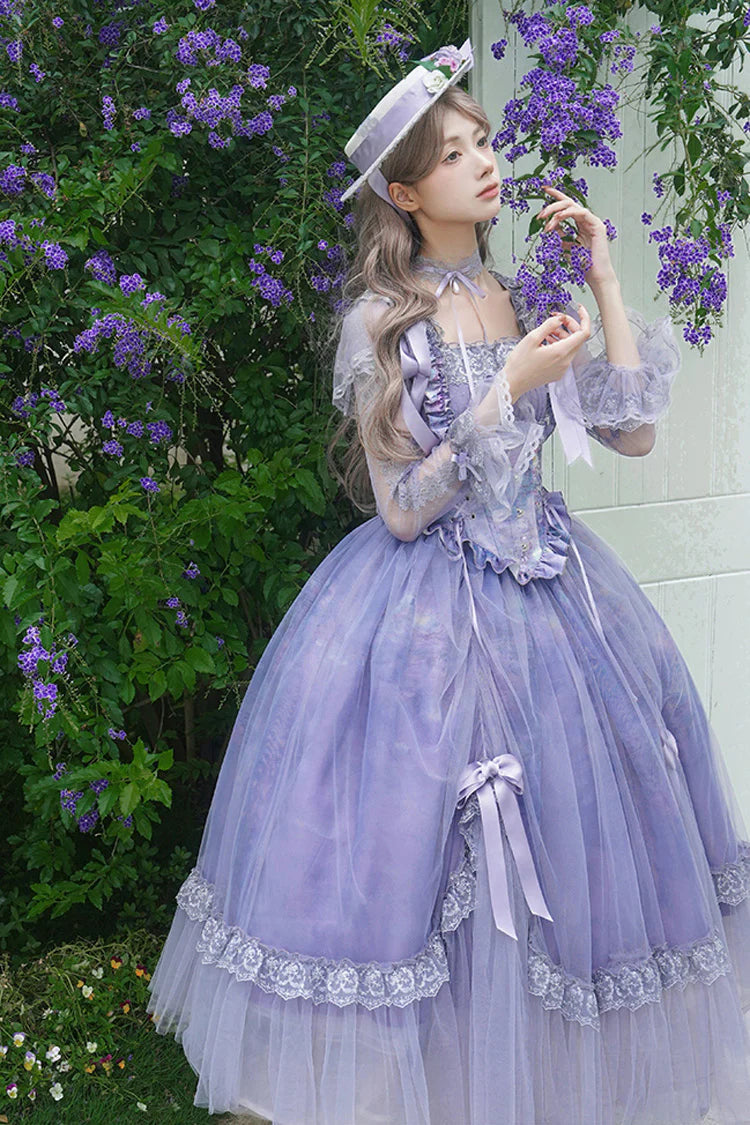 This Purple Square Collar Sweet Lolita Dress blends elegance with a gentle fairytale charm. Designed with long sleeves and a structured fishbone bodice, it creates a flattering and refined silhouette. Ruffle details and delicate lace enhance its romantic softness, while bowknot accents add a playful touch. The rich purple tone conveys both nobility and sweetness, making it perfect for tea parties, gatherings, or special occasions where timeless Lolita grace is desired.