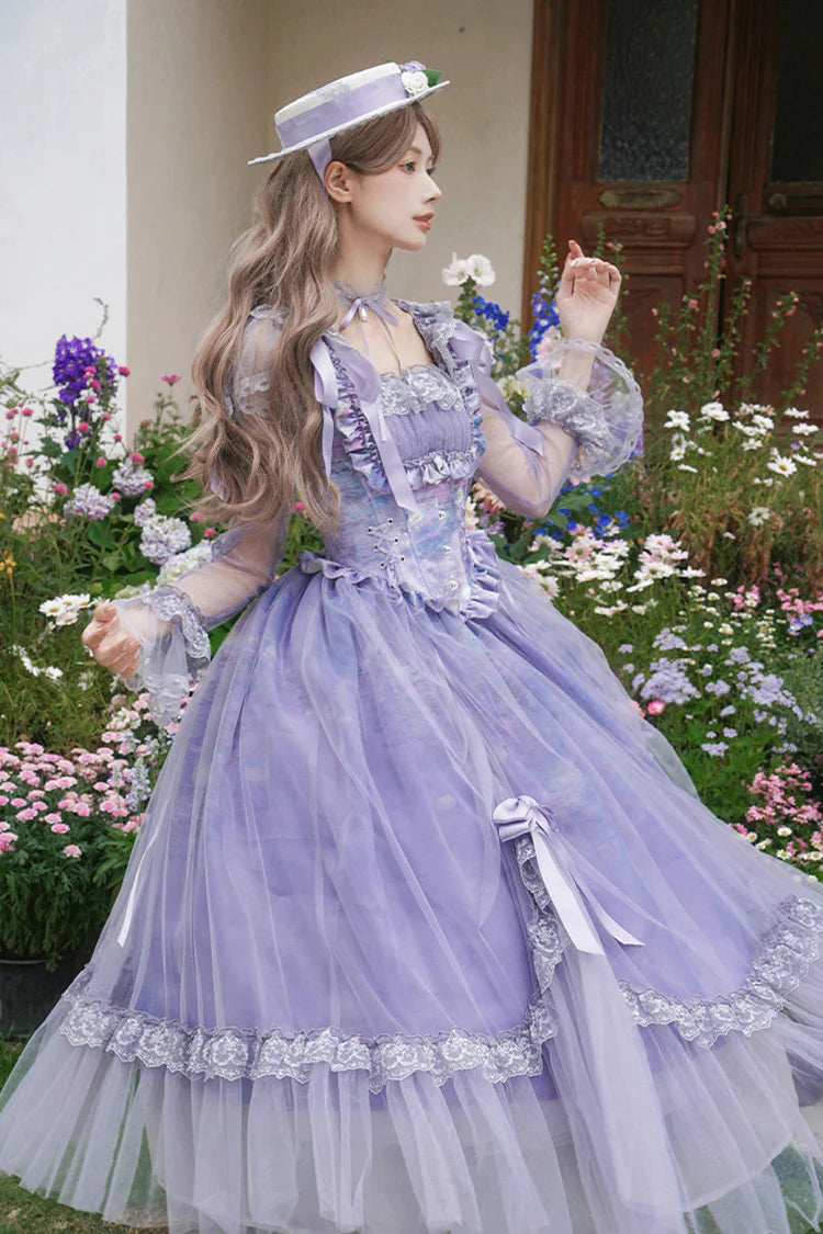 This Purple Square Collar Sweet Lolita Dress blends elegance with a gentle fairytale charm. Designed with long sleeves and a structured fishbone bodice, it creates a flattering and refined silhouette. Ruffle details and delicate lace enhance its romantic softness, while bowknot accents add a playful touch. The rich purple tone conveys both nobility and sweetness, making it perfect for tea parties, gatherings, or special occasions where timeless Lolita grace is desired.
