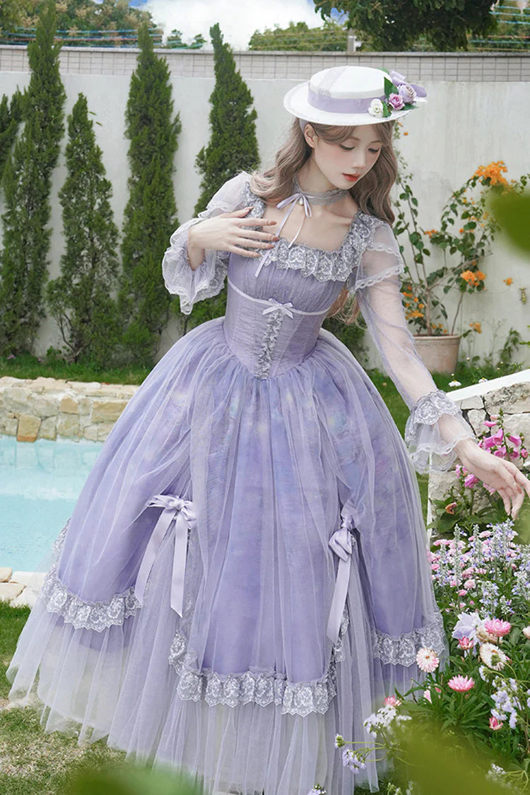This Purple Square Collar Sweet Lolita Dress blends elegance with a gentle fairytale charm. Designed with long sleeves and a structured fishbone bodice, it creates a flattering and refined silhouette. Ruffle details and delicate lace enhance its romantic softness, while bowknot accents add a playful touch. The rich purple tone conveys both nobility and sweetness, making it perfect for tea parties, gatherings, or special occasions where timeless Lolita grace is desired.