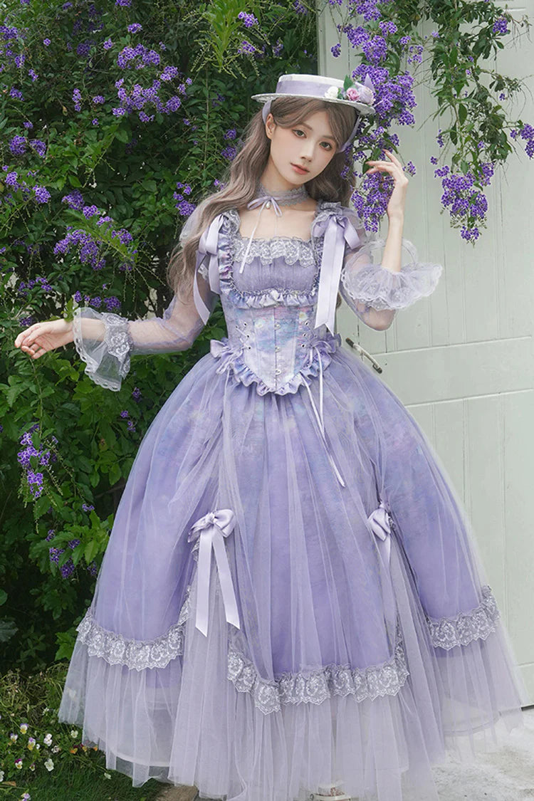 This Purple Square Collar Sweet Lolita Dress blends elegance with a gentle fairytale charm. Designed with long sleeves and a structured fishbone bodice, it creates a flattering and refined silhouette. Ruffle details and delicate lace enhance its romantic softness, while bowknot accents add a playful touch. The rich purple tone conveys both nobility and sweetness, making it perfect for tea parties, gatherings, or special occasions where timeless Lolita grace is desired.