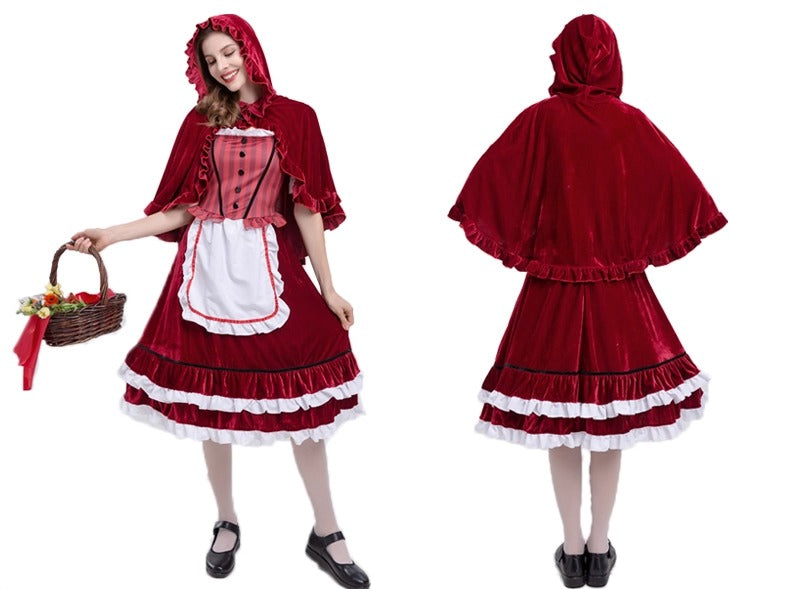 This elegant red Lolita cosplay dress is designed for a striking Halloween look. Featuring a flowing cape and classic princess silhouette, it combines sophistication with playful fantasy. The vibrant red color evokes festive energy, while the intricate detailing enhances charm and elegance. Perfect for cosplay, stage performances, or themed parties, this costume captures the spirit of fairy-tale drama with a modern Lolita twist.