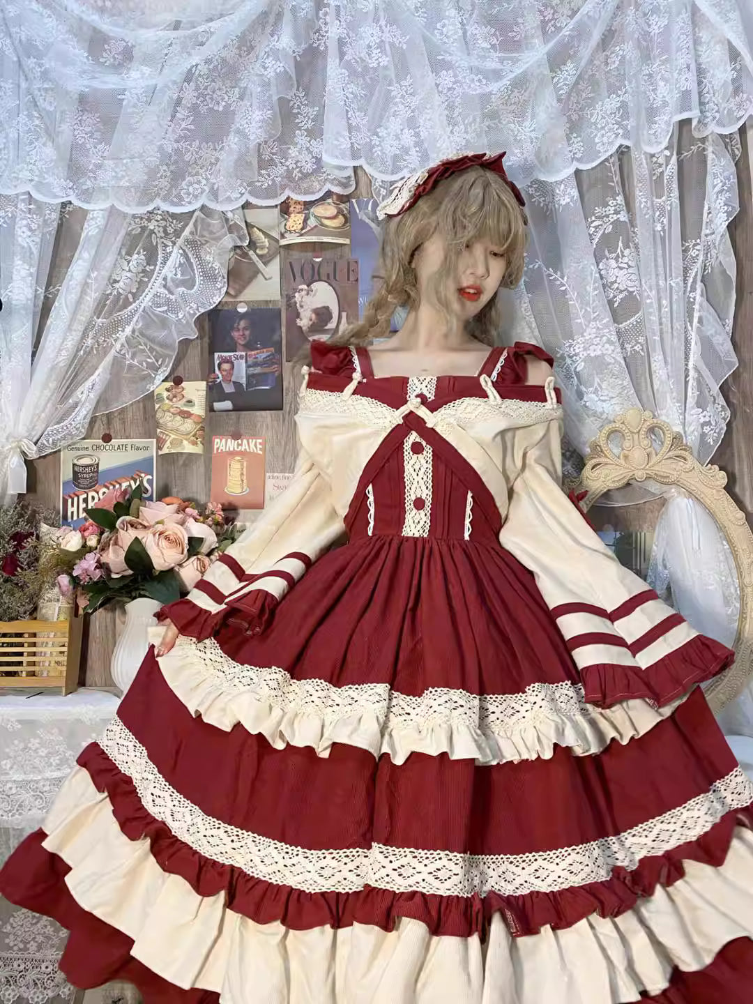 This Classic Red Lolita Two-Piece Set is crafted to embody elegance and gentle charm in the cooler seasons. Designed in a warm red bean tone, it highlights sophistication while maintaining the softness of Lolita aesthetics. The layered set provides both warmth and versatility, perfect for autumn and winter wear. Ideal for tea parties, daily outings, or seasonal gatherings, this outfit balances refinement and coziness, offering a graceful take on Classic Lolita fashion.