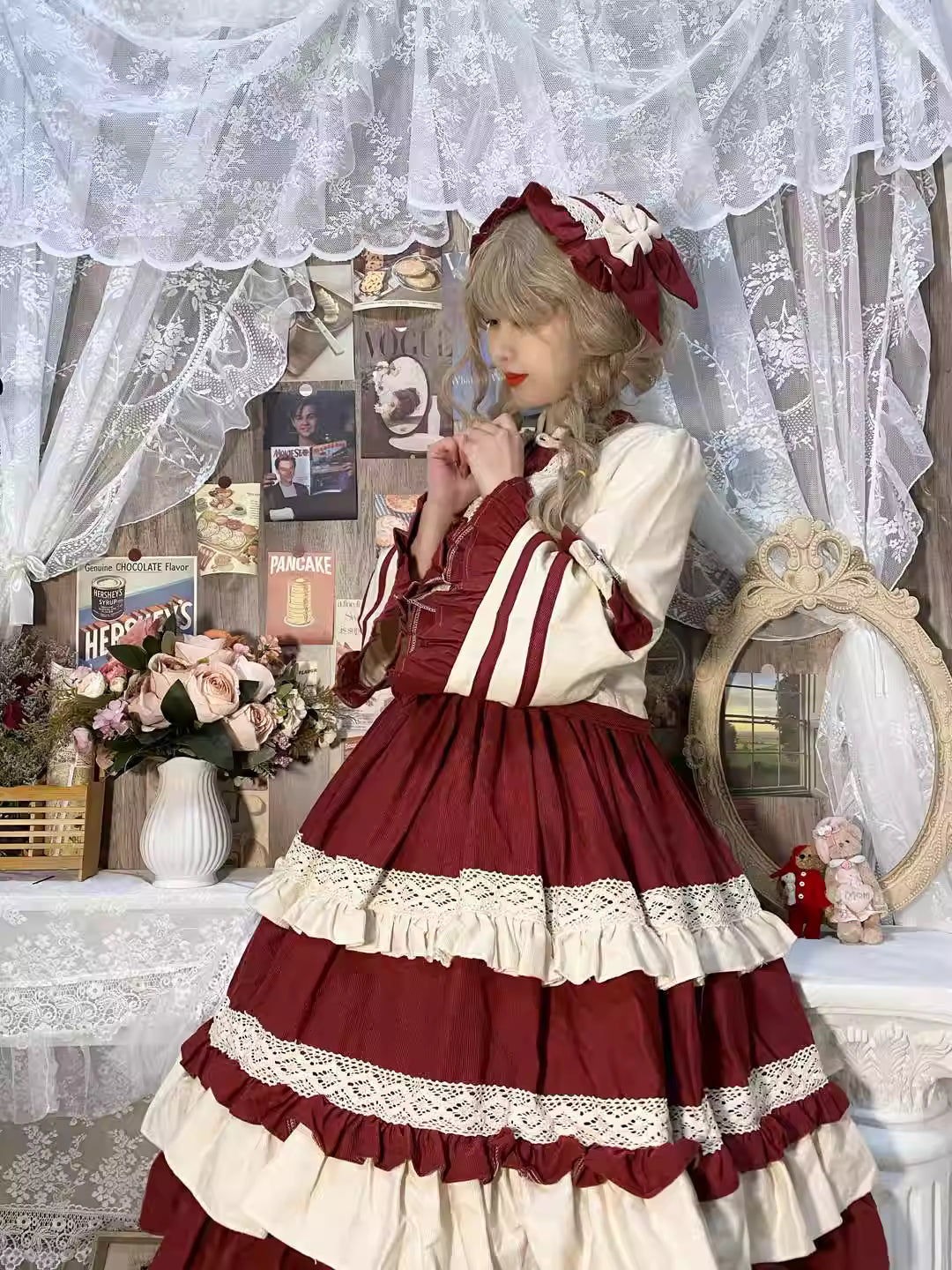 This Classic Red Lolita Two-Piece Set is crafted to embody elegance and gentle charm in the cooler seasons. Designed in a warm red bean tone, it highlights sophistication while maintaining the softness of Lolita aesthetics. The layered set provides both warmth and versatility, perfect for autumn and winter wear. Ideal for tea parties, daily outings, or seasonal gatherings, this outfit balances refinement and coziness, offering a graceful take on Classic Lolita fashion.