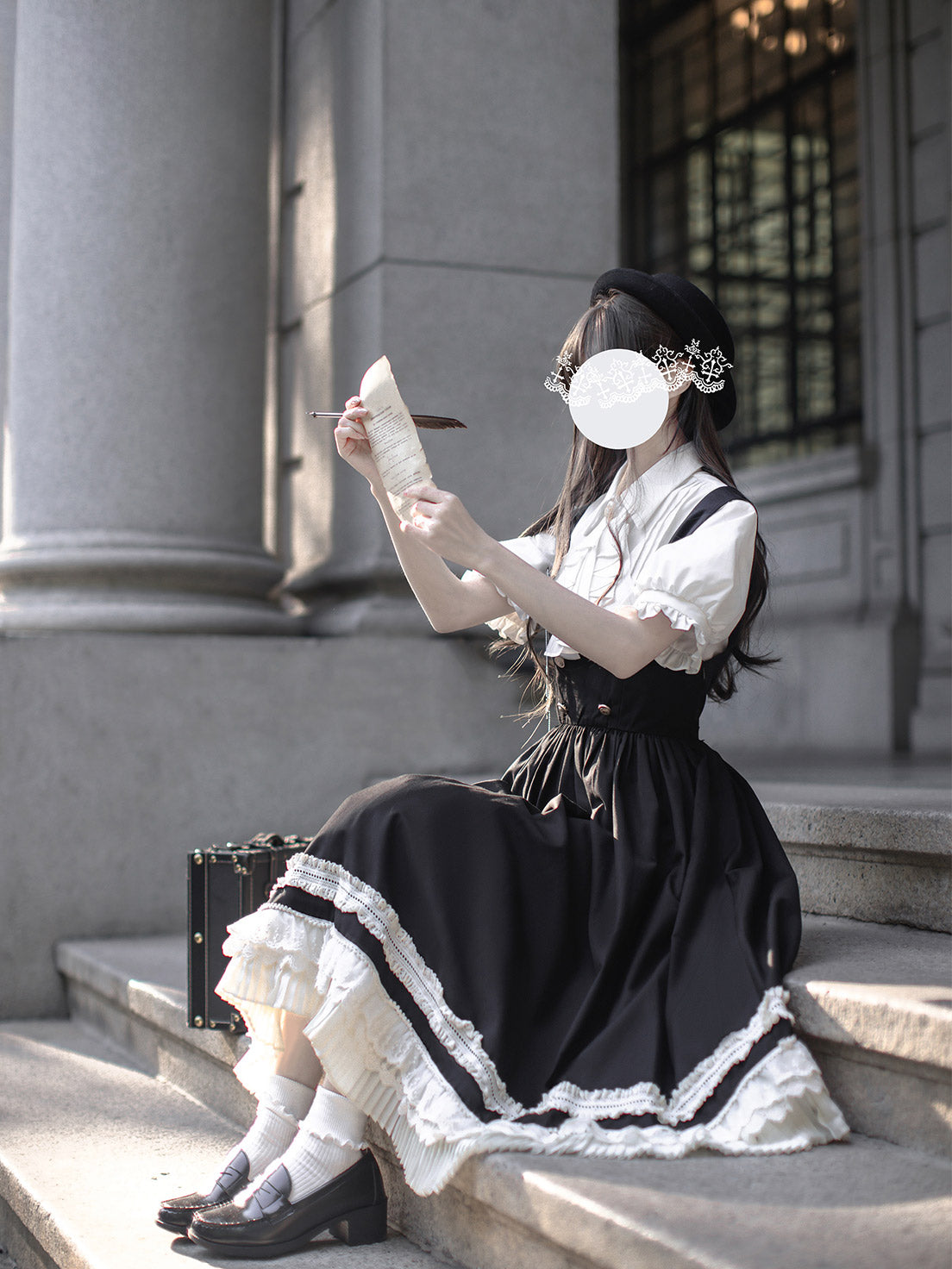 Classic Lolita Ruffled Black White Dress College Style British Retro Summer Light Lolita