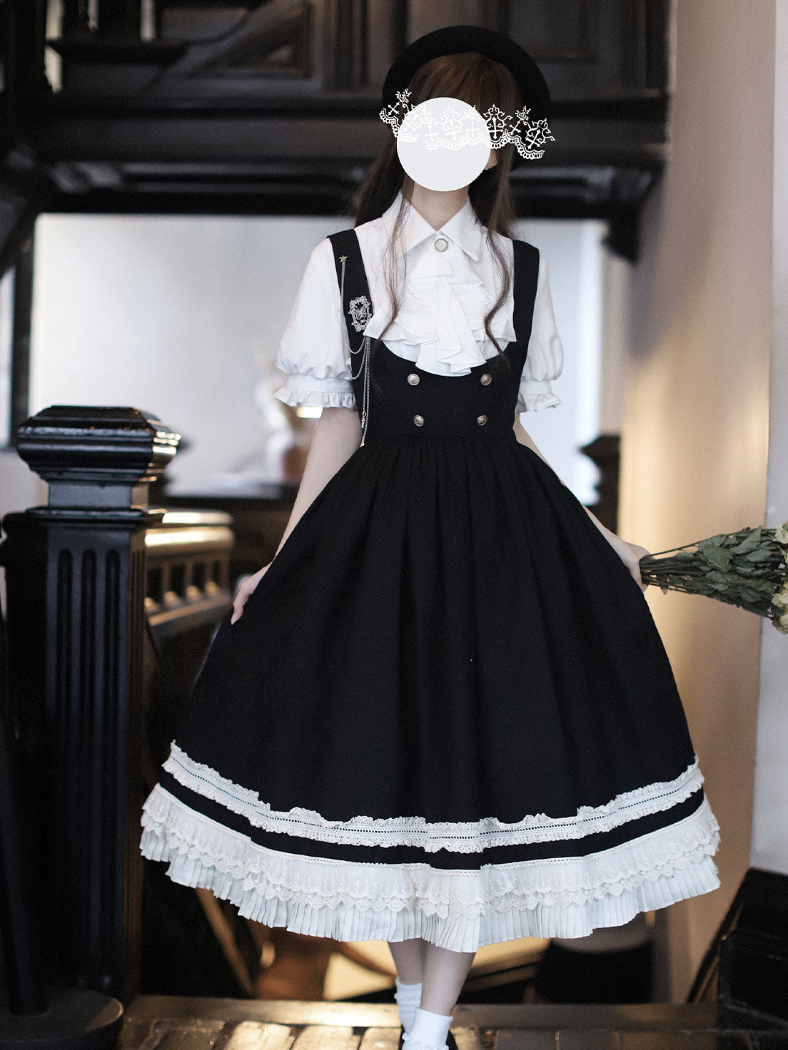 Classic Lolita Ruffled Black White Dress College Style British Retro Summer Light Lolita