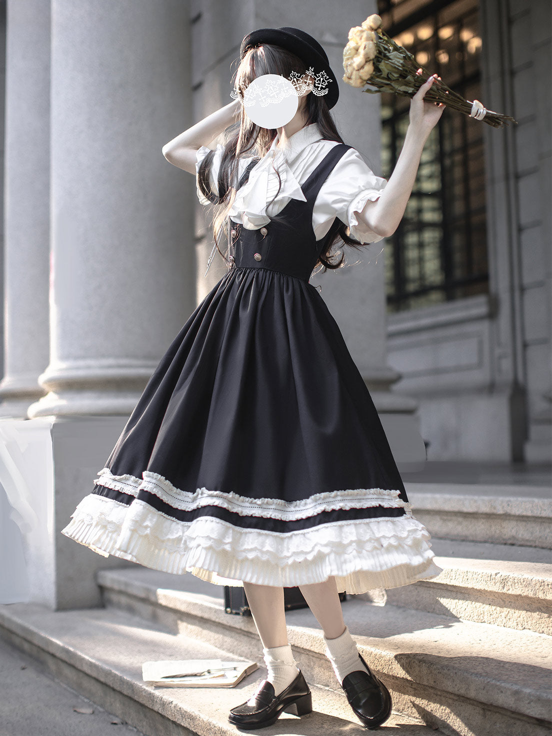 Classic Lolita Ruffled Black White Dress College Style British Retro Summer Light Lolita