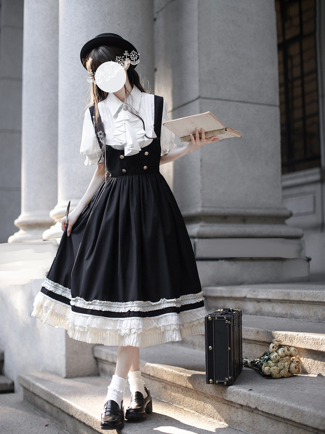 Classic Lolita Ruffled Black White Dress College Style British Retro Summer Light Lolita