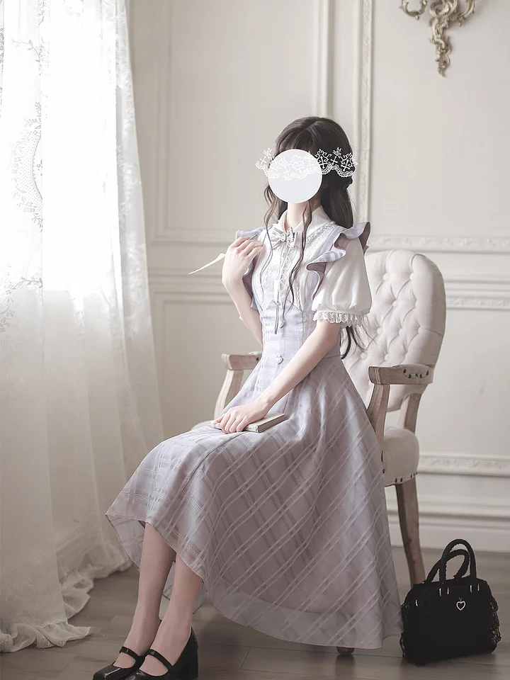 Classic Lolita Ruffled Hem Lavender Plaid Dress Japanese Bud School Dress Lady Strap Dress Shirt
