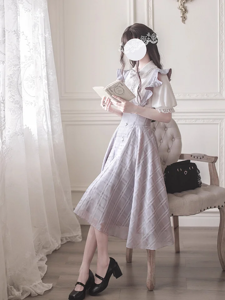 Classic Lolita Ruffled Hem Lavender Plaid Dress Japanese Bud School Dress Lady Strap Dress Shirt