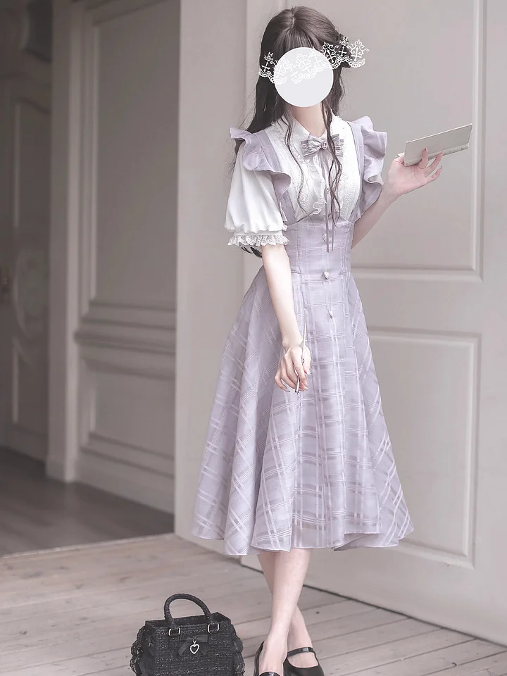 Classic Lolita Ruffled Hem Lavender Plaid Dress Japanese Bud School Dress Lady Strap Dress Shirt