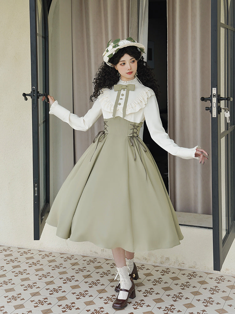 Classic Lolita Sage Green Waist-cinched Dress Ruffled with Bow Tie Detail Two-piece Dress Spring