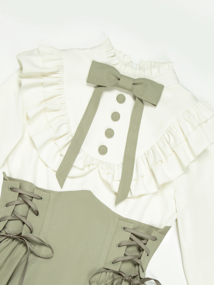 Classic Lolita Sage Green Waist-cinched Dress Ruffled with Bow Tie Detail Two-piece Dress Spring