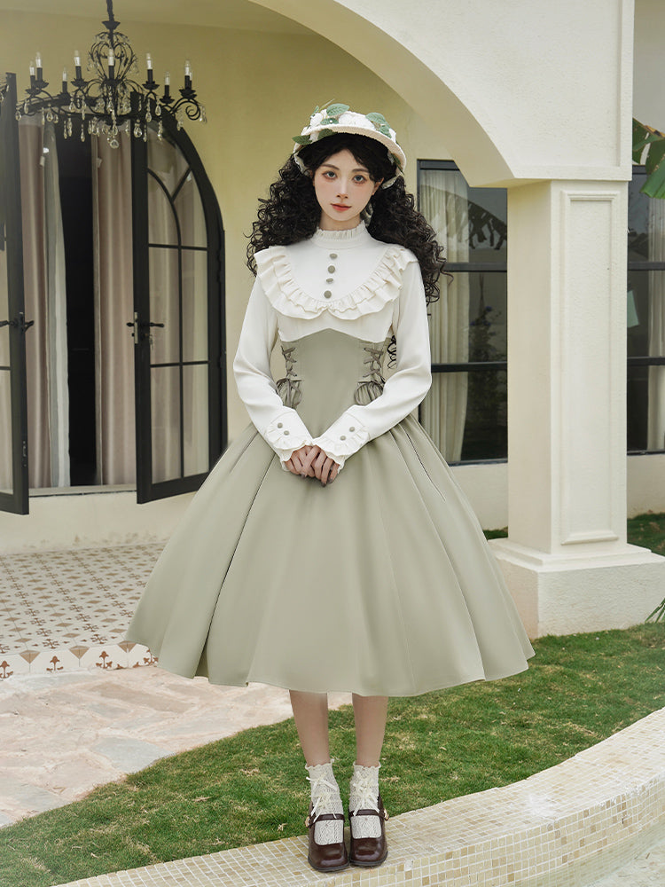 Classic Lolita Sage Green Waist-cinched Dress Ruffled with Bow Tie Detail Two-piece Dress Spring