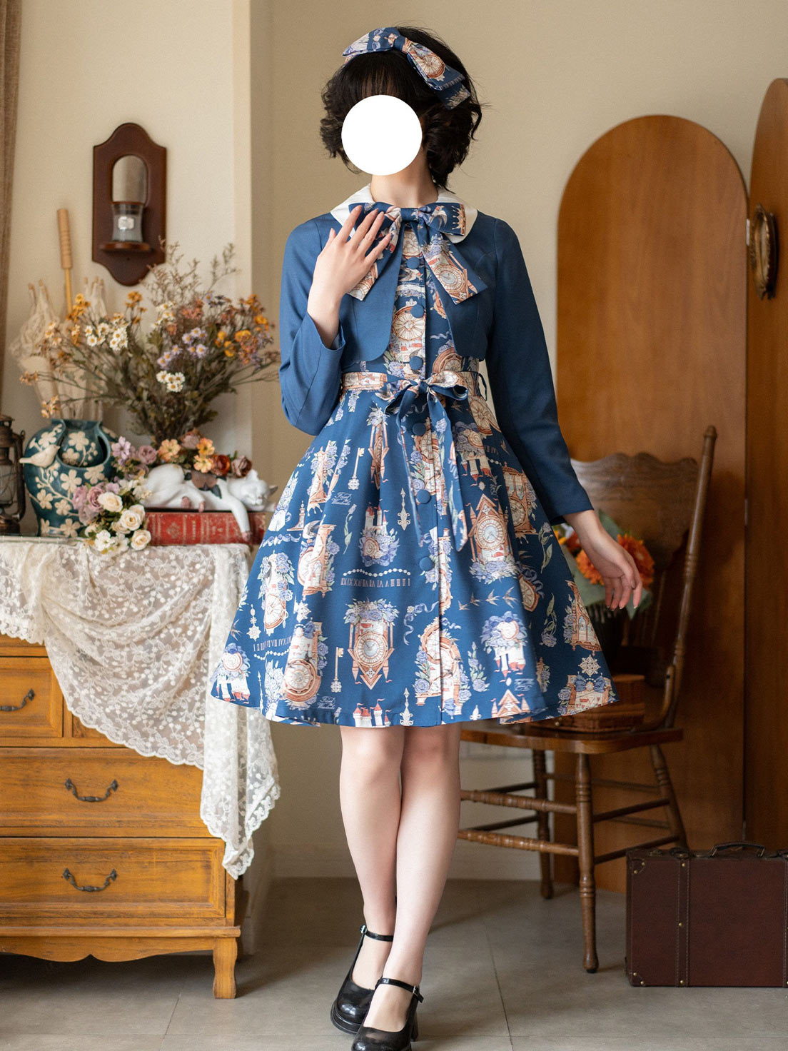 Classic Lolita School - Style Blue Dress Ensemble Printing Retro Spring Dress Jacket Lolita