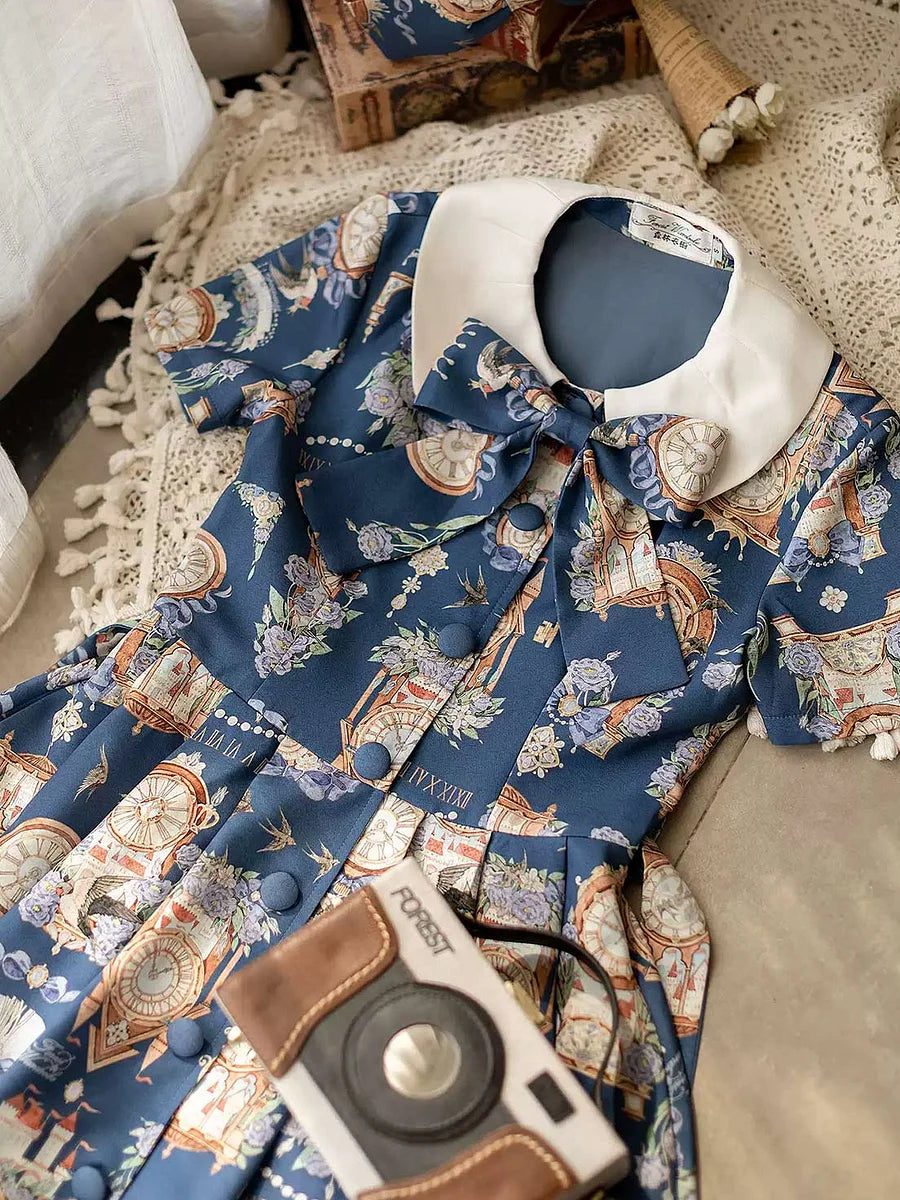 Classic Lolita School - Style Blue Dress Ensemble Printing Retro  Spring Dress Jacket Lolita