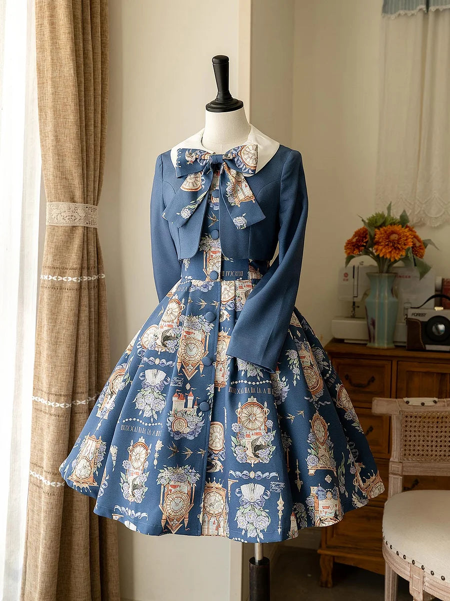 Classic Lolita School - Style Blue Dress Ensemble Printing Retro  Spring Dress Jacket Lolita