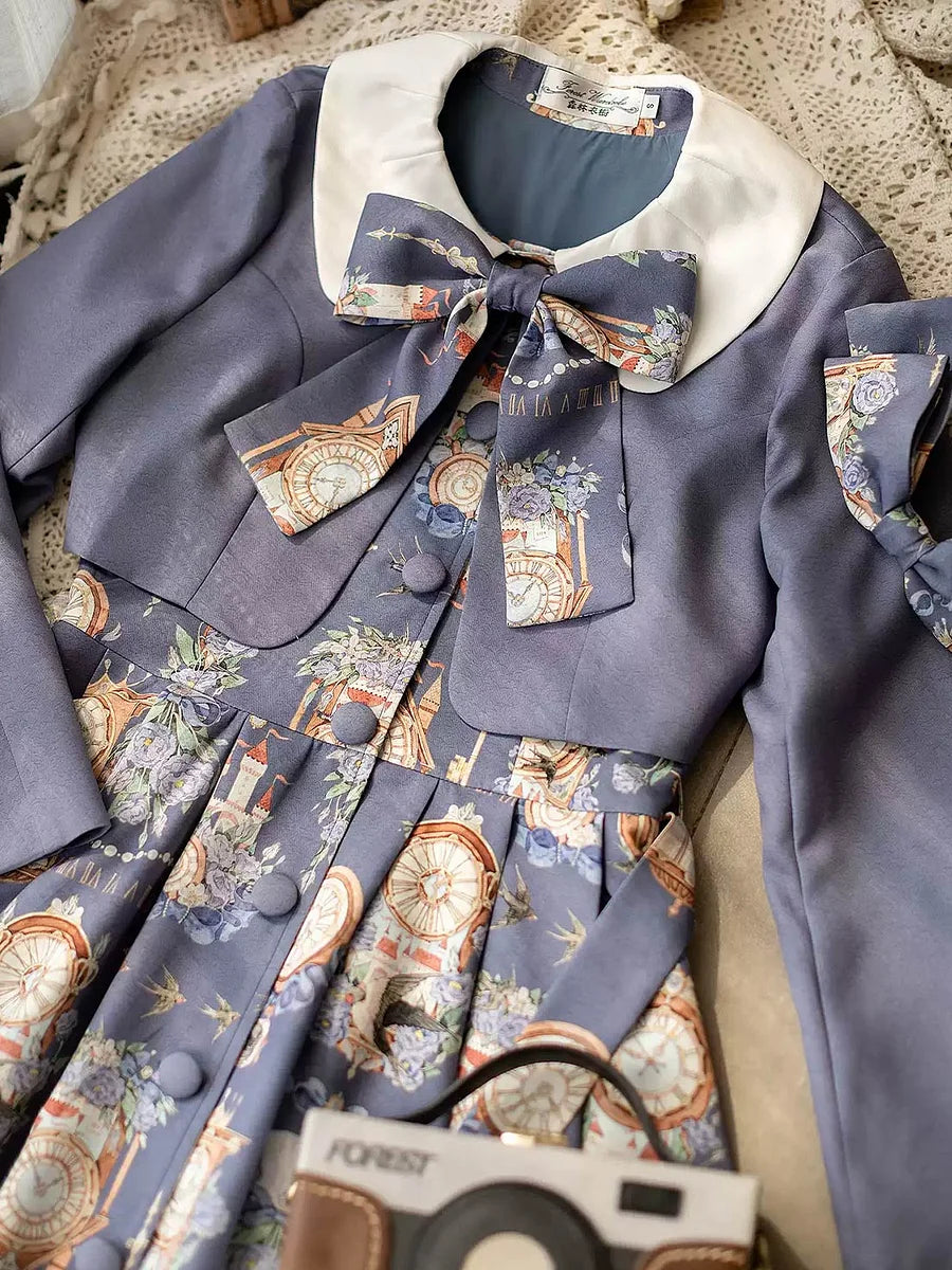 Classic Lolita School - Style Purple Dress Ensemble Printing Retro  Spring Dress Jacket Lolita