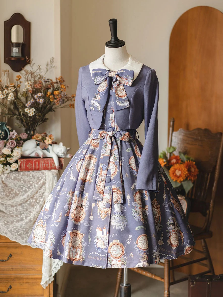Classic Lolita School - Style Purple Dress Ensemble Printing Retro  Spring Dress Jacket Lolita