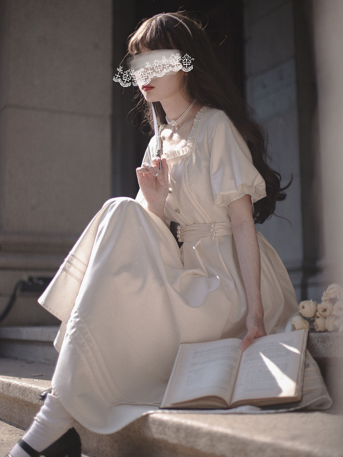 Classic Lolita Striped Hem Ivory Dress French Retro Dress Apricot Square Collar Light Lolita