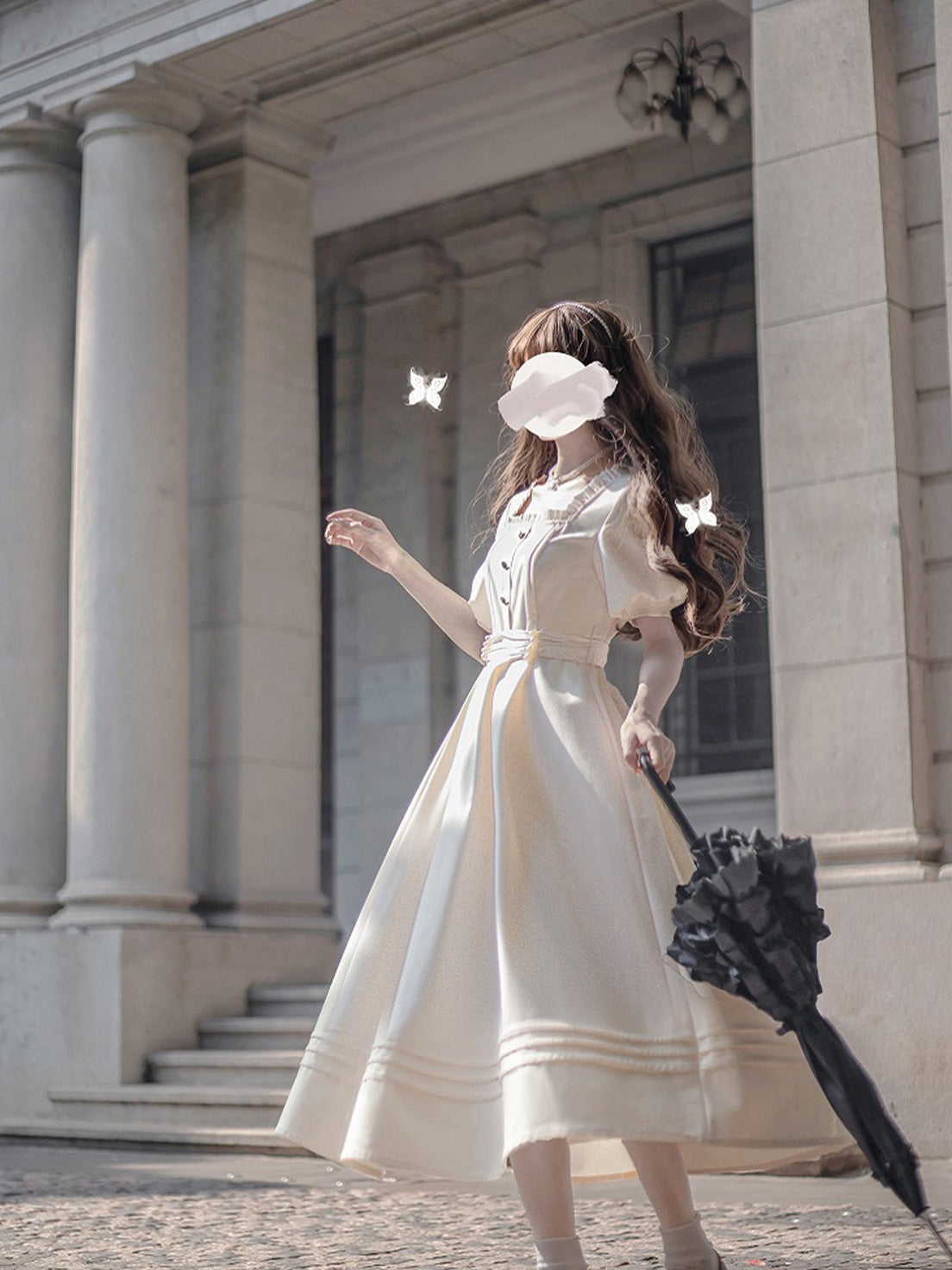 Classic Lolita Striped Hem Ivory Dress French Retro Dress Apricot Square Collar Light Lolita