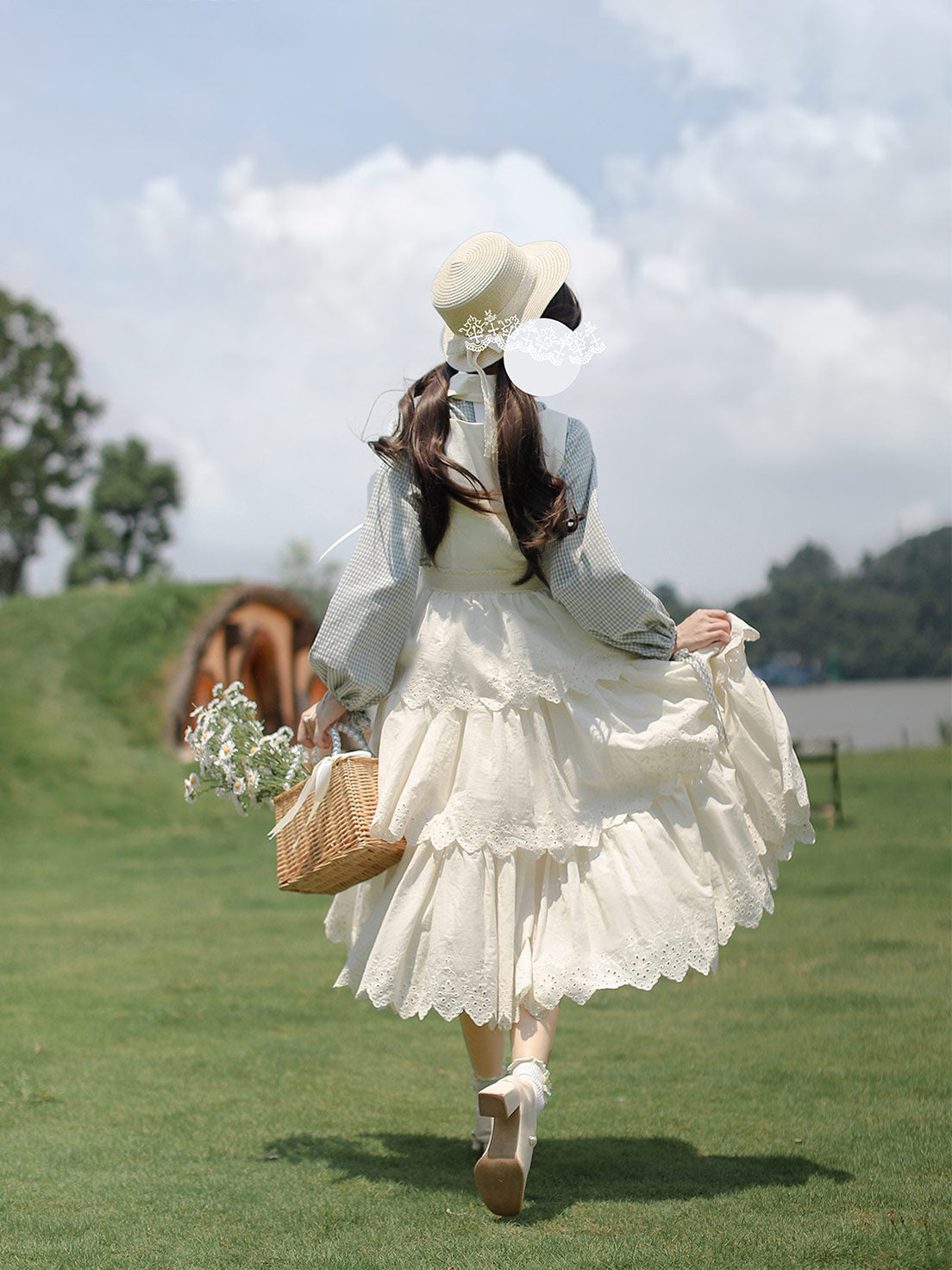 Classic Lolita Gingham Accented Cream French Retro Segment Dress Elegant Gray-blue Light Lolita