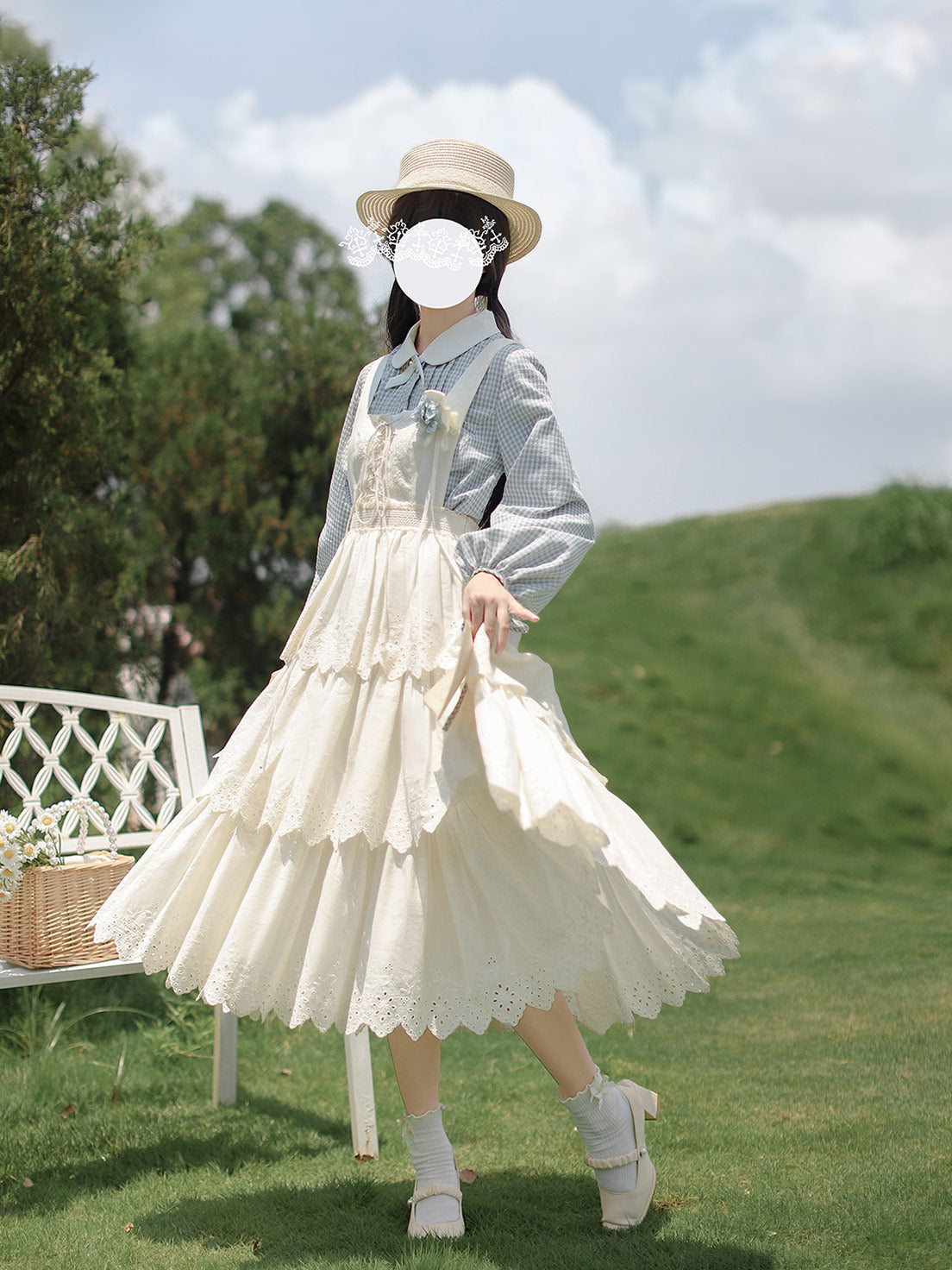 Classic Lolita Gingham Accented Cream French Retro Segment Dress Elegant Gray-blue Light Lolita