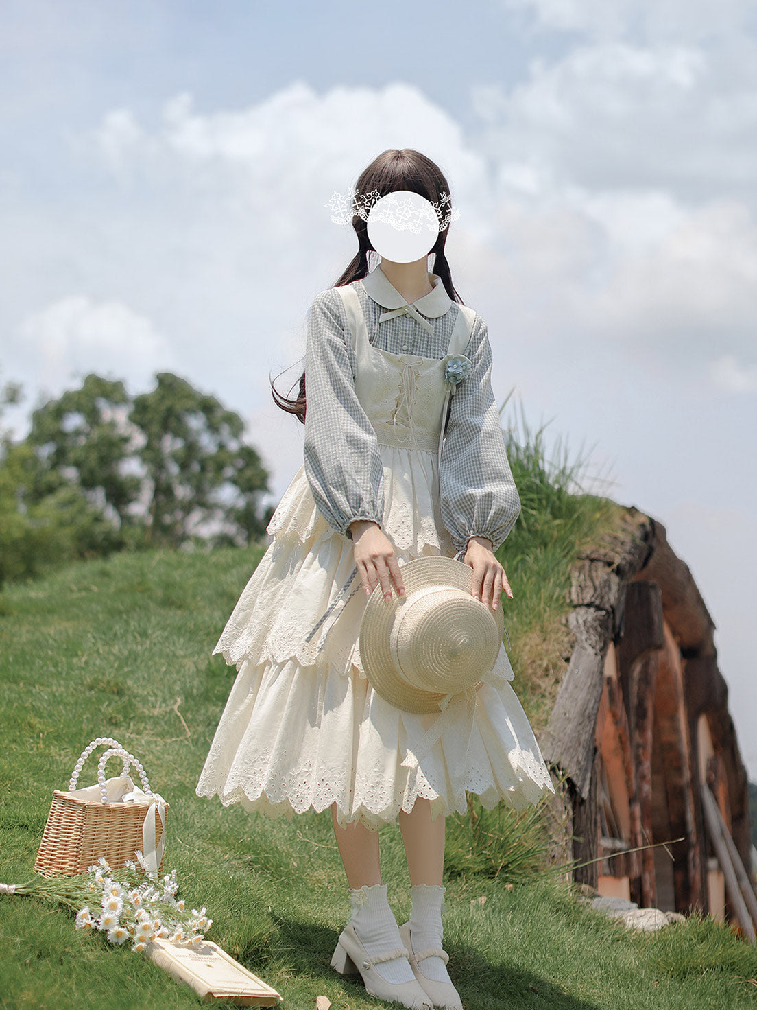 Classic Lolita Gingham Accented Cream French Retro Segment Dress Elegant Gray-blue Light Lolita