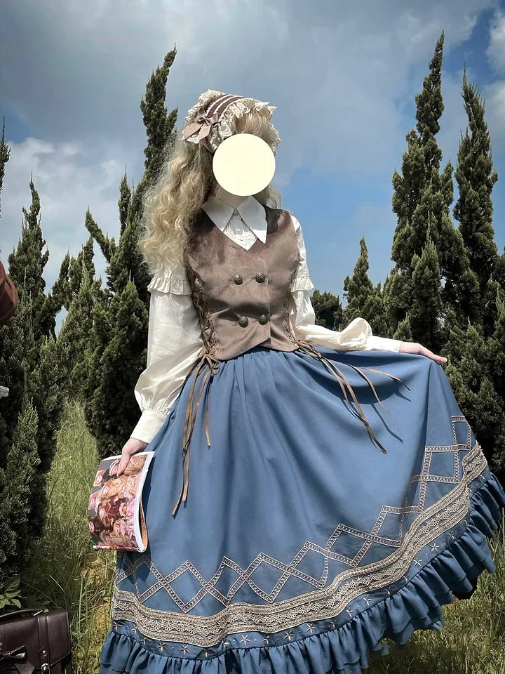 Classic Lolita Blue Vintage Style Skirt Elegant Navy Embroider Dress