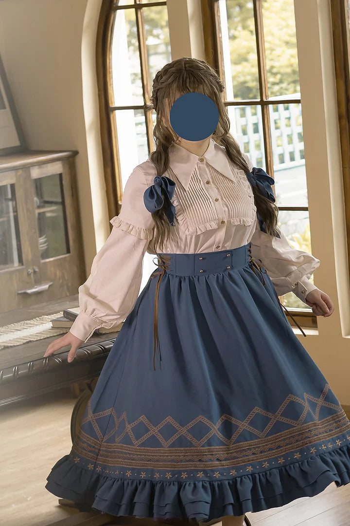Classic Lolita Blue Vintage Style Skirt Elegant Navy Embroider Dress